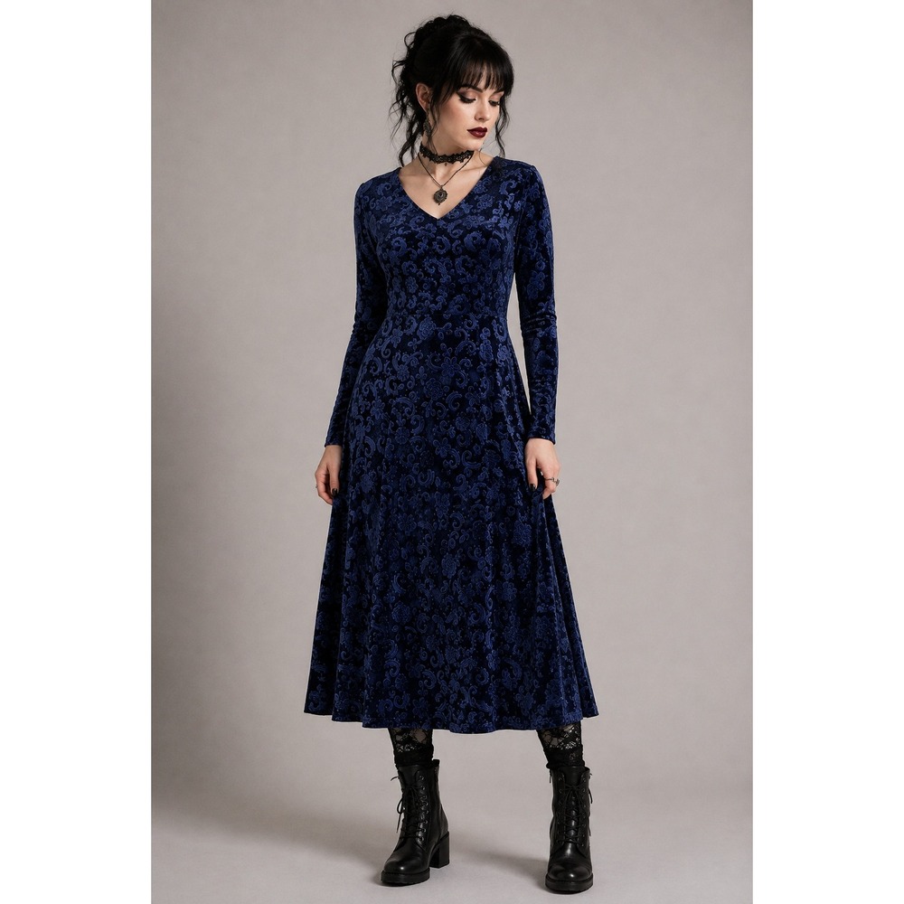 Blue Paisley Velour Fit Flare Midi Dress Whimsigoth Goth Medium